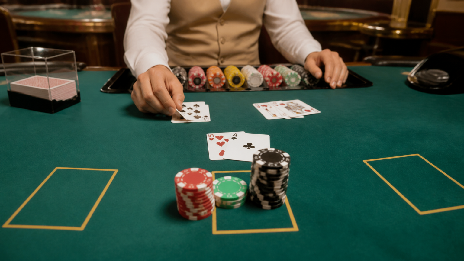 仮想通貨 カジノのボーナスを確認する際に読むべき利用規約 Casino table with chips and cards for online betting