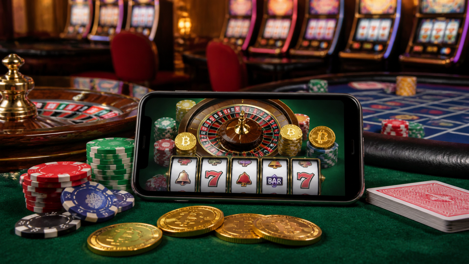 Crypto casino Singapore gaming scene with chips and a phone interface