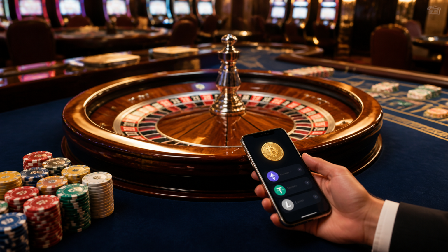 How Crypto Casino Sites Are Changing Online Gaming Casino table with phone showing crypto payment options