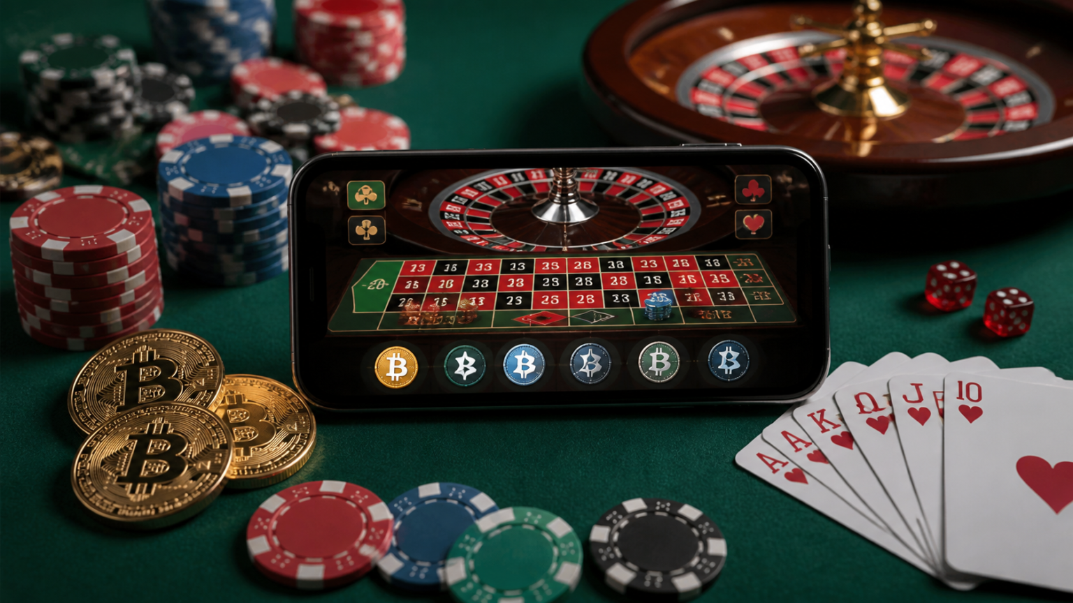 Crypto casino on a smartphone with cards and digital coins