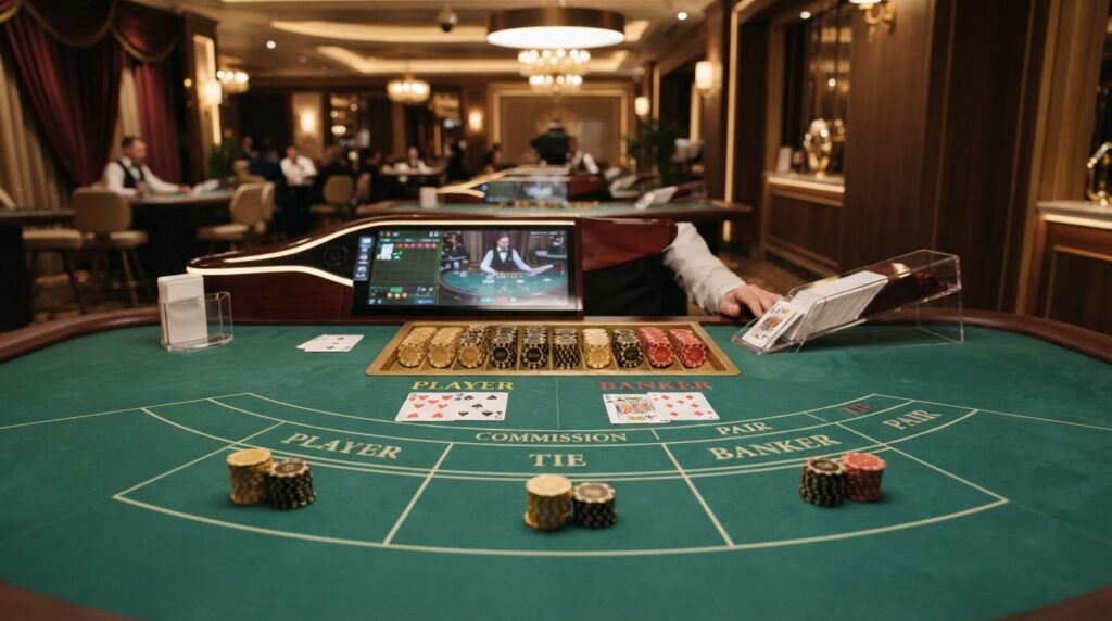 Khám Phá Nghệ Thuật Và Chiến Thuật Chơi Baccarat Trực Tuyến Bàn chơi baccarat trực tuyến với lá bài và chip cược sòng bài