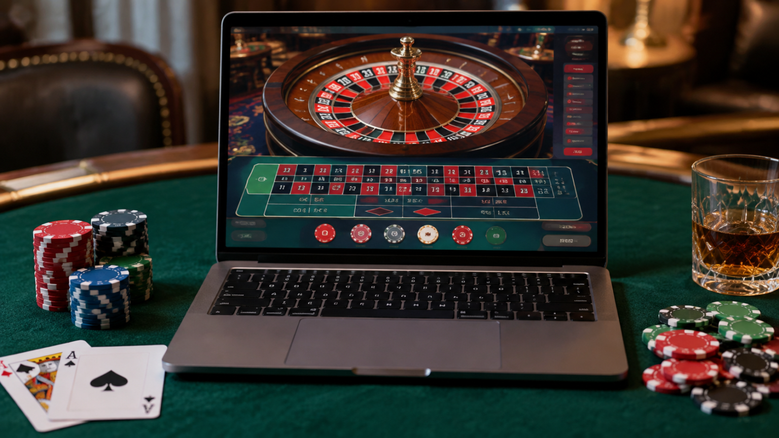 Laptop displaying an online casino roulette game beside playing cards and casino chips.