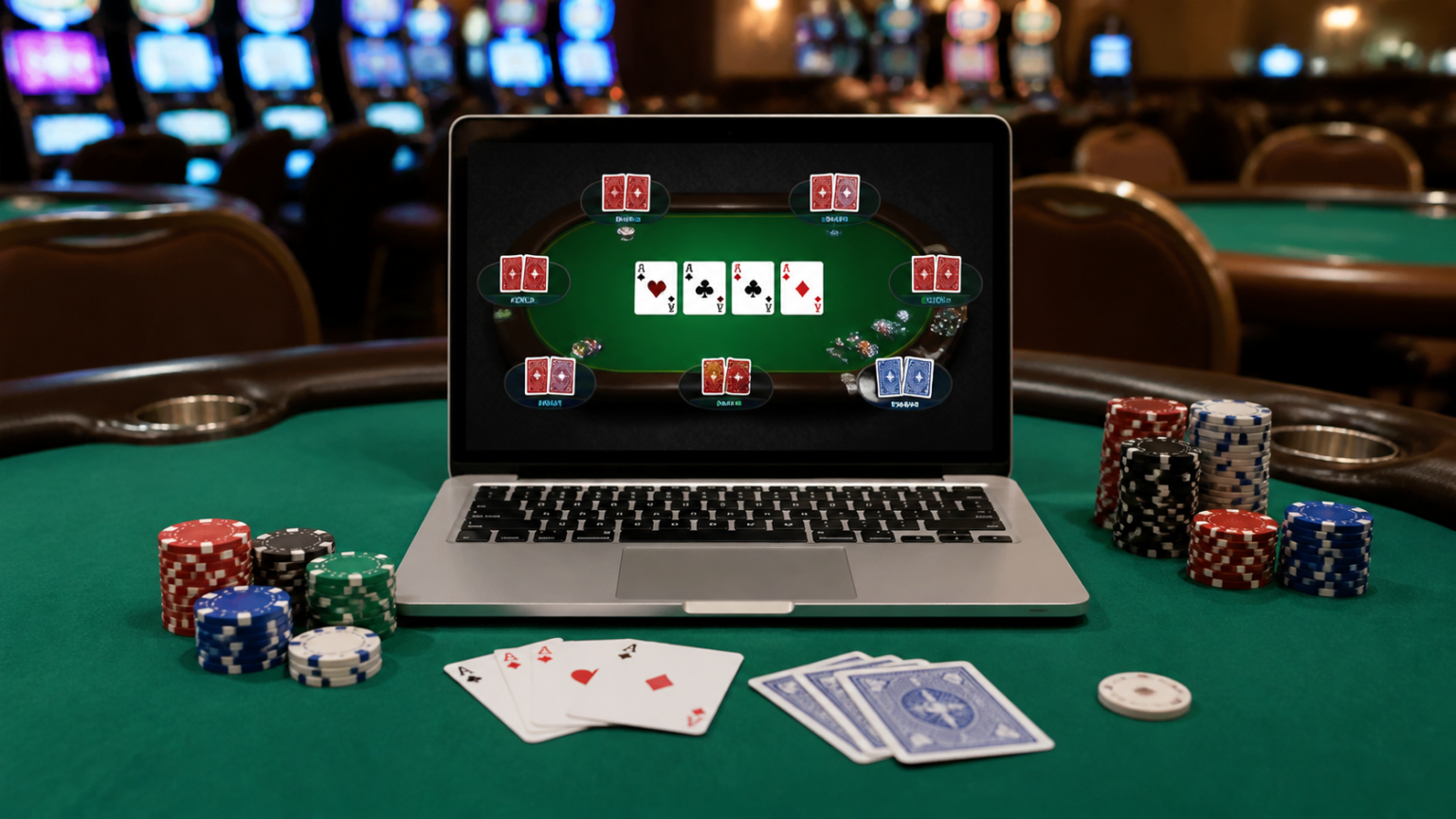 Online Poker Malaysia: Practical Guide for Players Poker table with cards, chips, and an online poker screen