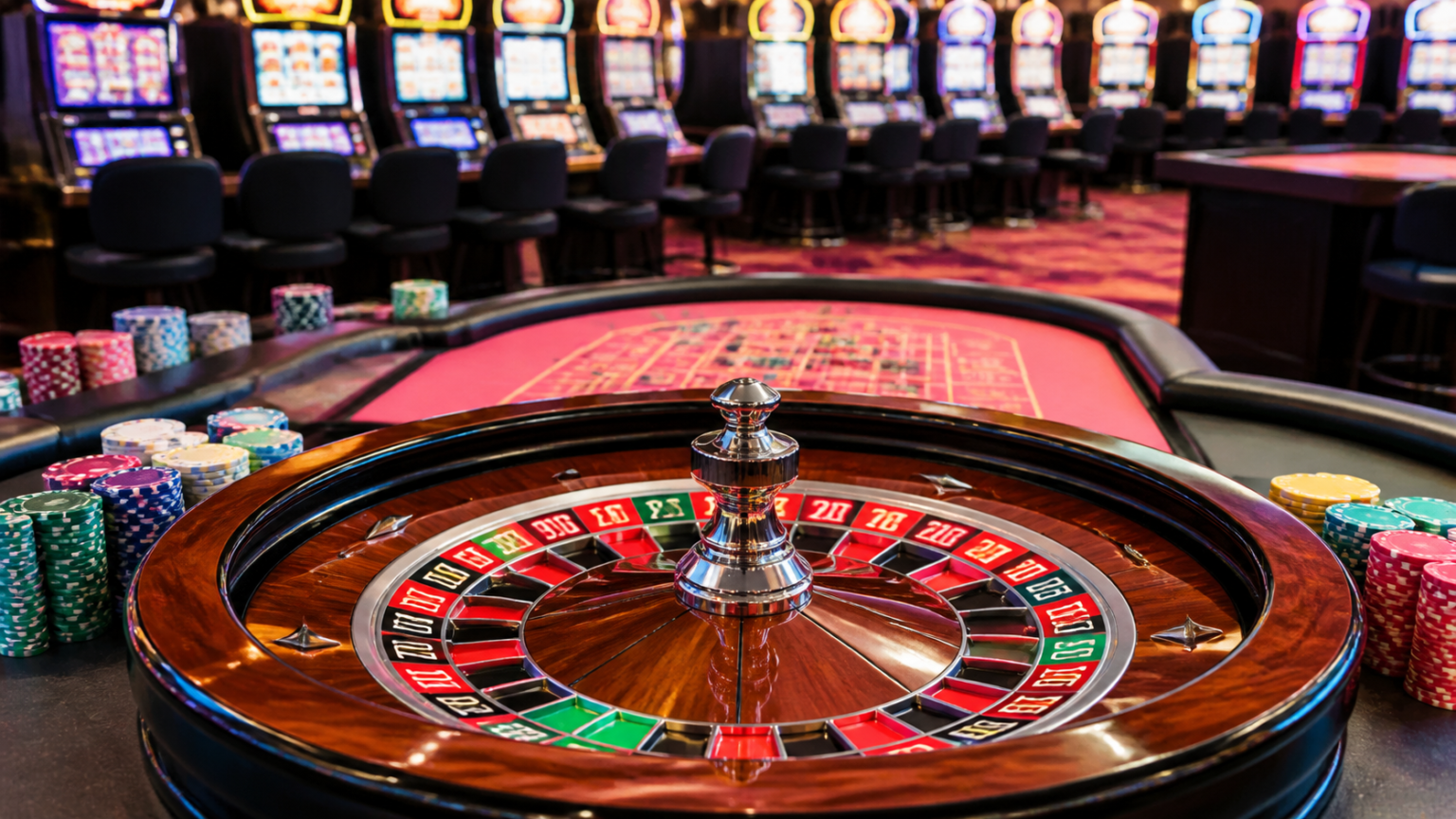 Casino roulette table with slot machines in the background