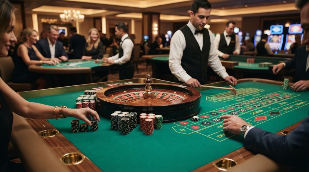 คู่มือเลือก เว็บพนันออนไลน์ อันดับ 1 เพื่อความปลอดภัยสูงสุด บรรยากาศโต๊ะเกมเดิมพันคาสิโนที่มีชิปและวงล้อรูเล็ตแสดงถึงความบันเทิงระดับมาตรฐาน