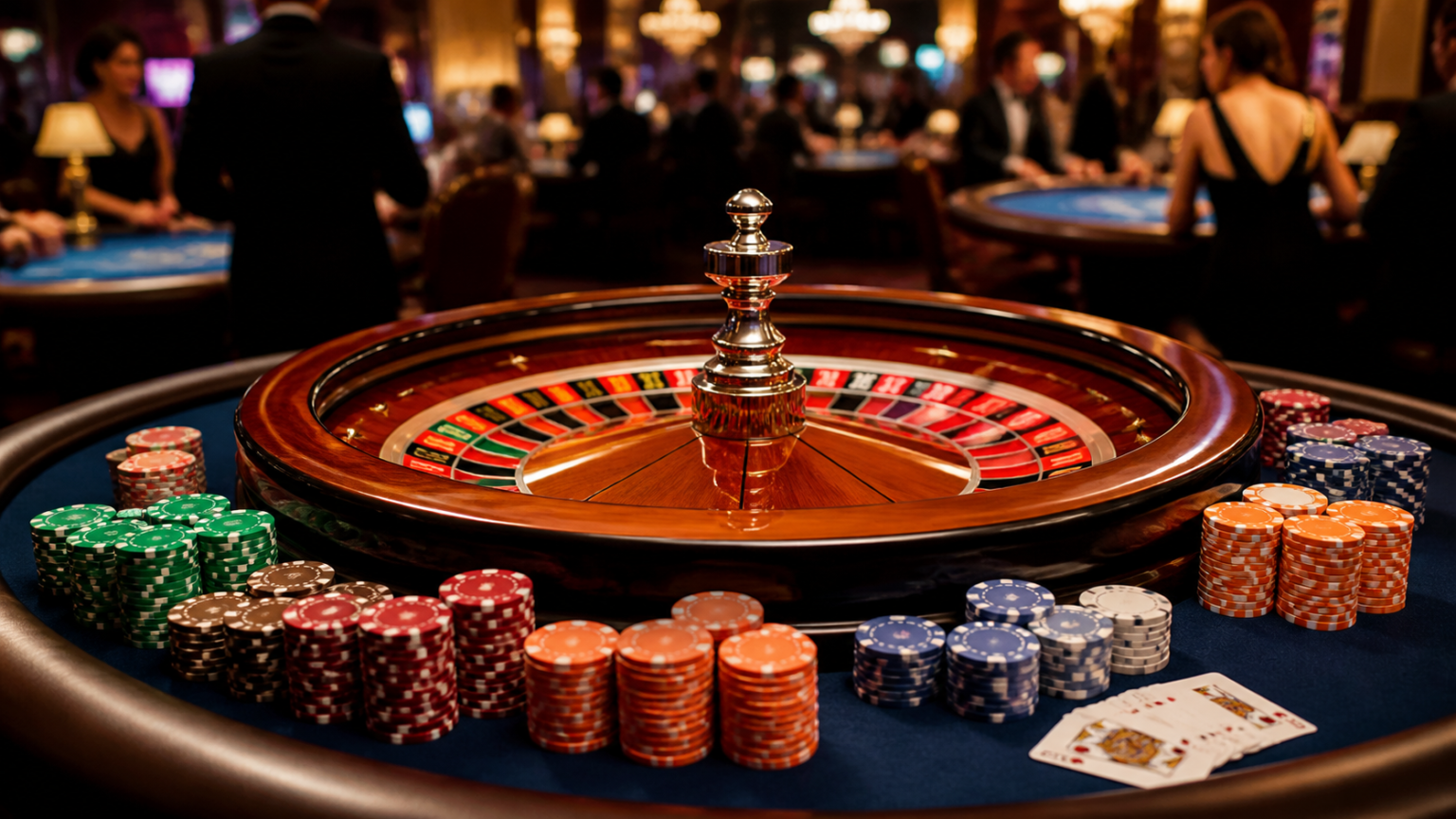 Bàn roulette và phỉnh tại khu vực trò chơi trong sòng bạc